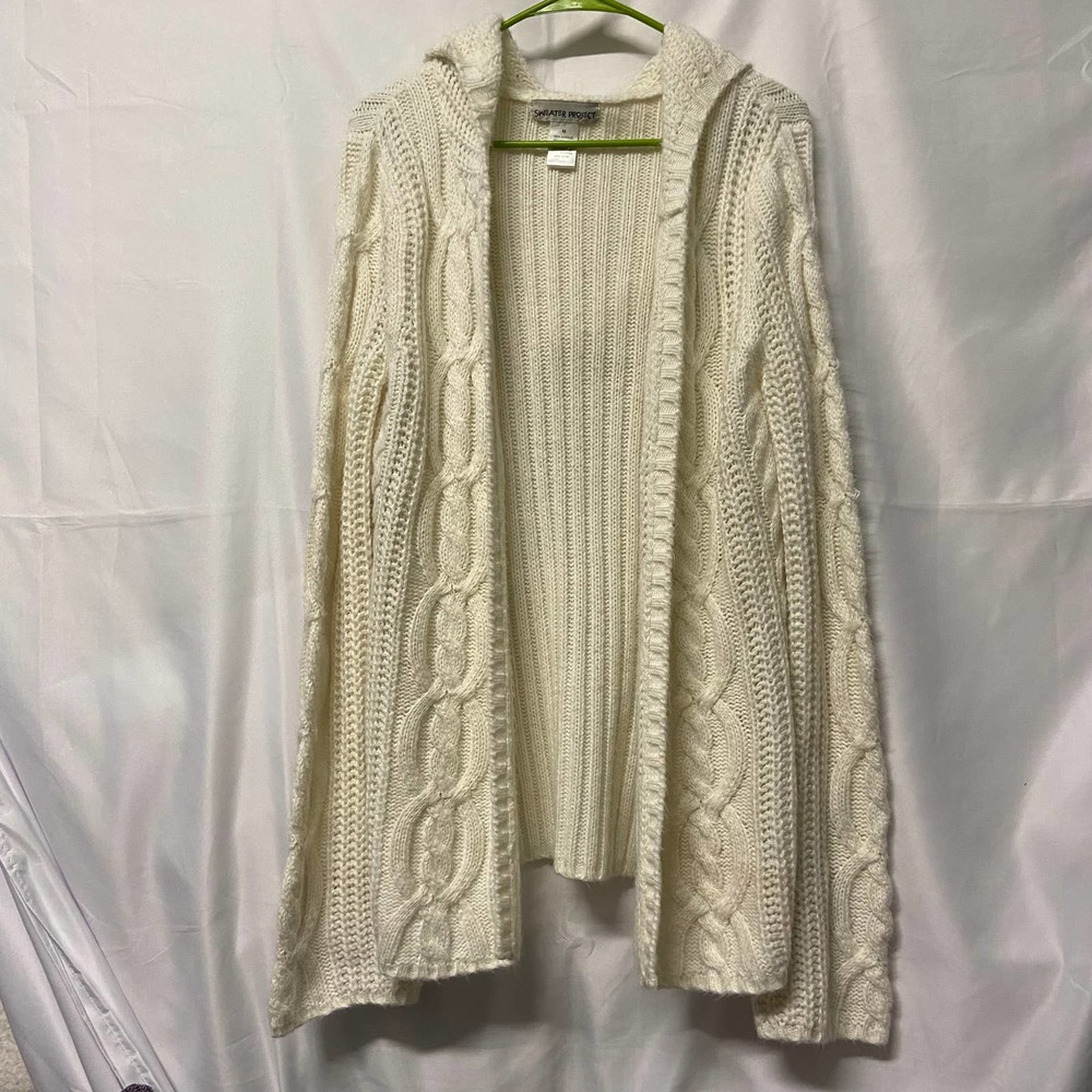 Sweater Project Open Cardigan w/ Hood & Bell Sleeves White Cable Knit M